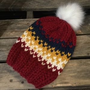 Hand Knit fair-isle knit hat with faux fur pompom sz S - M slouchy style beanie